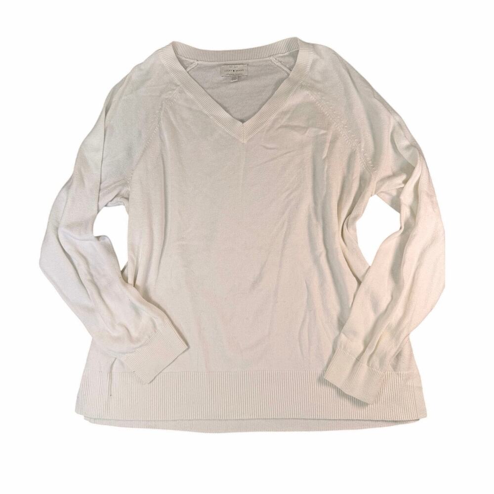 Lucky Brand White Cotton Blend V-Neck Pullover Sweater Size Large